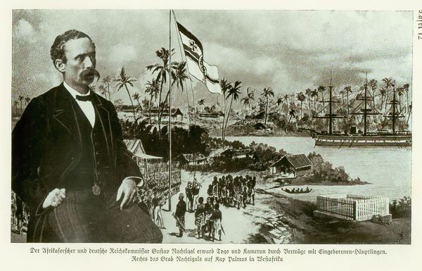 Bildcollage mit Szenen aus Afrika und Porträt Gustav Nachtigals